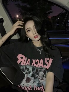 新款 美式 高街hiphop潮牌黑色短袖 t恤女夏装 oversize设计感上衣ins