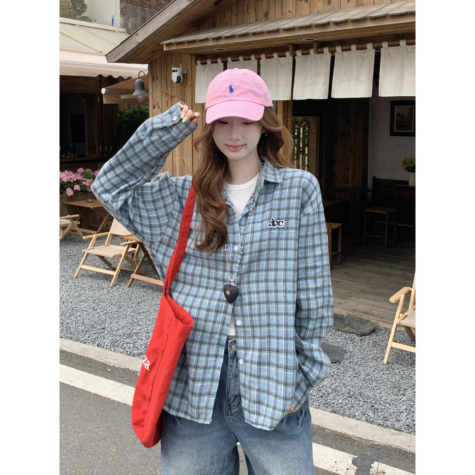 韩系复古蓝色格子防晒衬衫女夏2026新款宽松休闲衬衣外套长袖上衣