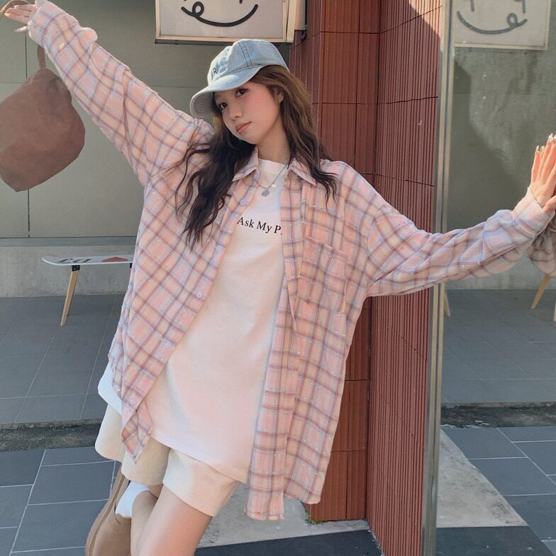 粉色格子长袖衬衫外套女秋夏日轻薄防晒衣衬衫宽松休闲格纹设计感