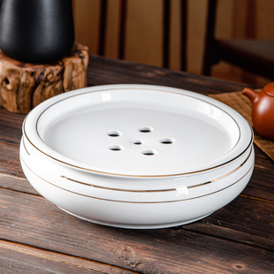 潮汕轻奢圆形茶盘储水式嵌入式双层茶盘轻奢描金陶瓷鼓形功夫茶具