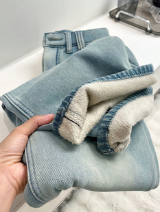 胖妹妹mm梨型身材宽松显瘦阔腿长裤 加绒加厚直筒牛仔裤 女秋冬新款