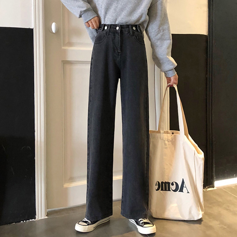 大码女装烟灰色牛仔裤女直筒超火cec裤子女阔腿裤梨形身材裤子潮