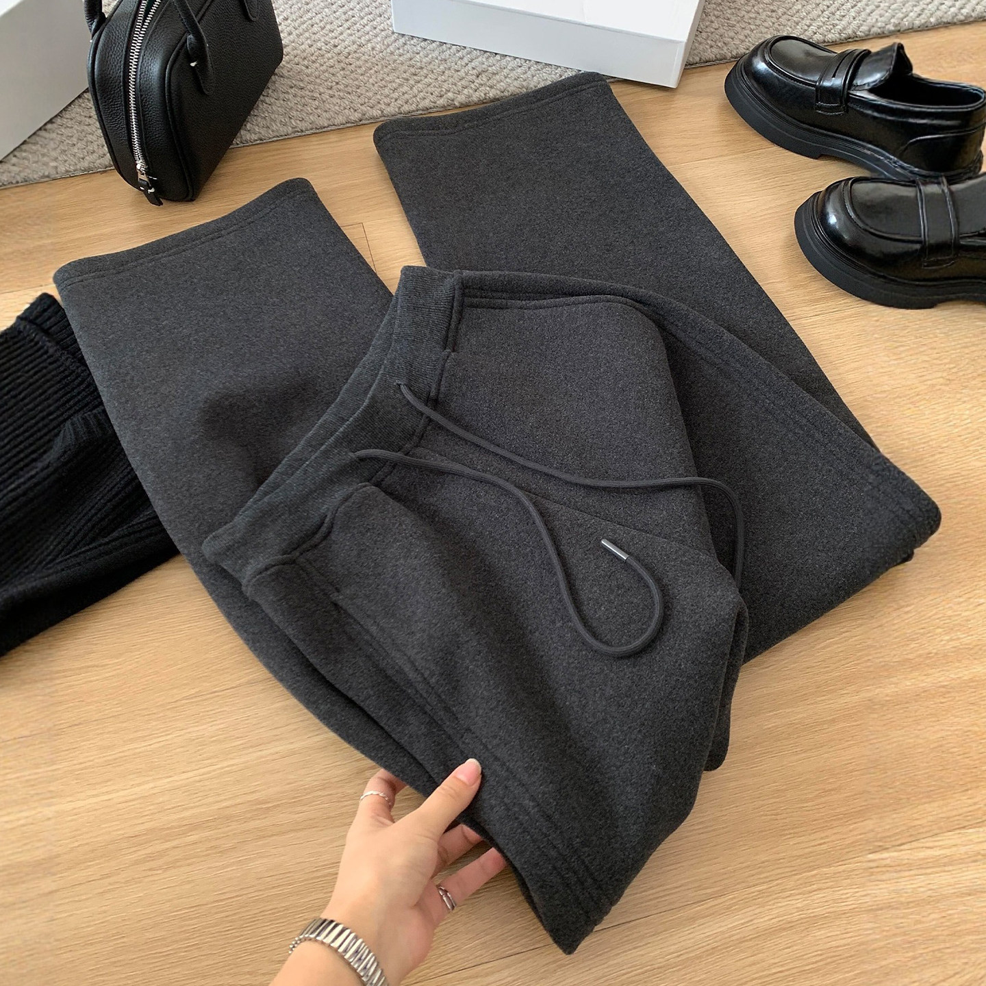 深灰色毛呢直筒休闲裤女冬季加绒加厚胖mm宽松显瘦小个子阔腿长裤