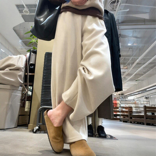 子 胖妹妹mm高腰宽松显瘦休闲裤 慵懒感米杏色毛呢阔腿裤 女秋冬新款