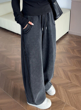 黑灰色弯刀裤女秋冬新款胖妹妹mm高腰宽松显瘦阔腿运动休闲卫裤潮