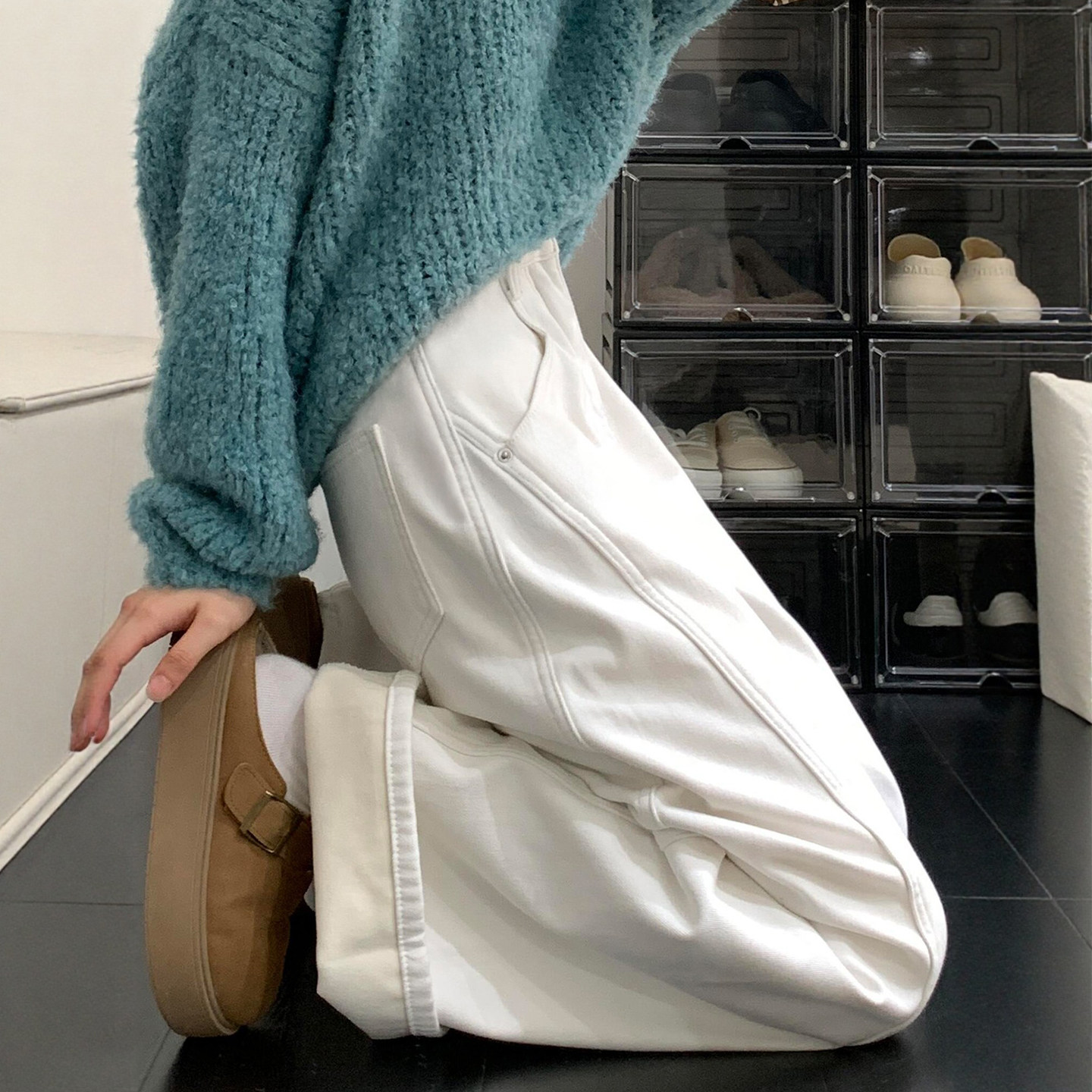 白色加绒加厚弯刀牛仔裤女冬季新款胖妹妹mm高腰宽松显瘦阔腿长裤,女装/女士精品,大码裤装,淘宝优惠券,粉丝福利购,淘宝优惠卷