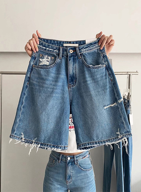 破洞牛仔短裤女夏薄款大码胖mm梨型身材高腰宽松显瘦阔腿五分裤子