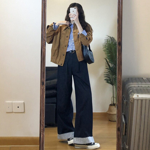 巨巨巨显瘦！深蓝色阔腿牛仔裤~