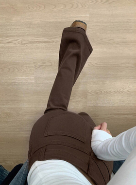 咖啡色微喇牛仔裤女秋冬加绒胖妹妹mm高腰弹力显瘦直筒喇叭裤子潮