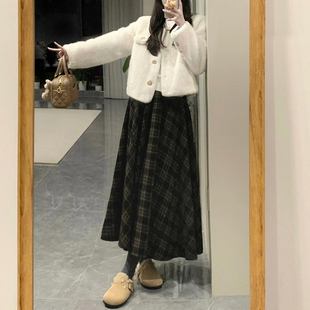 美拉德复古格子半身裙女秋冬新款 胖妹妹mm高腰遮胯显瘦a字长裙子