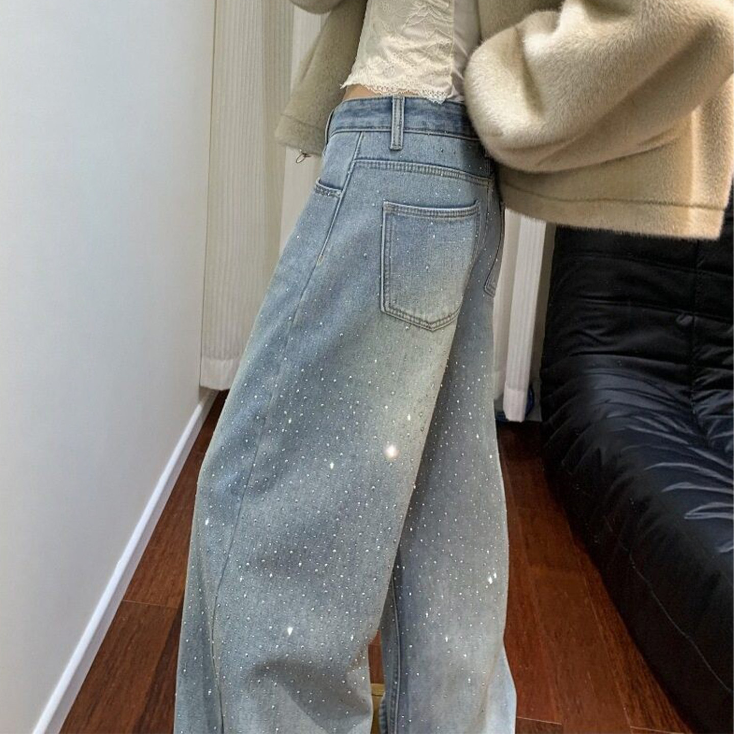 设计感满天星烫钻直筒牛仔裤女冬季加绒胖妹妹mm高腰显瘦阔腿长裤