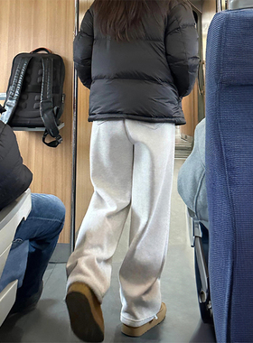 雪花灰运动休闲裤女秋冬加绒胖妹妹mm梨型身材宽松显瘦阔腿卫裤潮