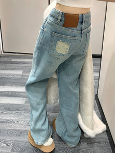 加绒加厚直筒牛仔裤女冬季新款胖妹妹mm高腰宽松显瘦阔腿拖地长裤