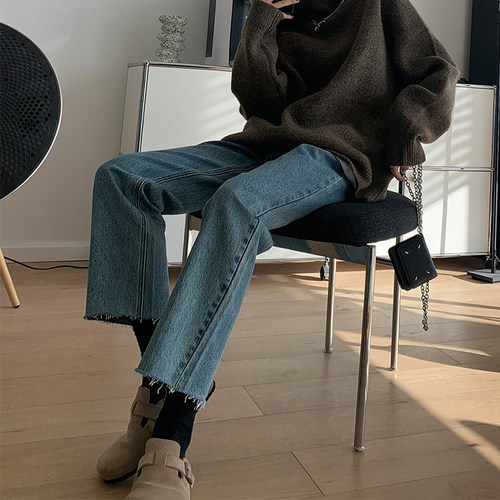 复古毛边直筒九分牛仔裤女