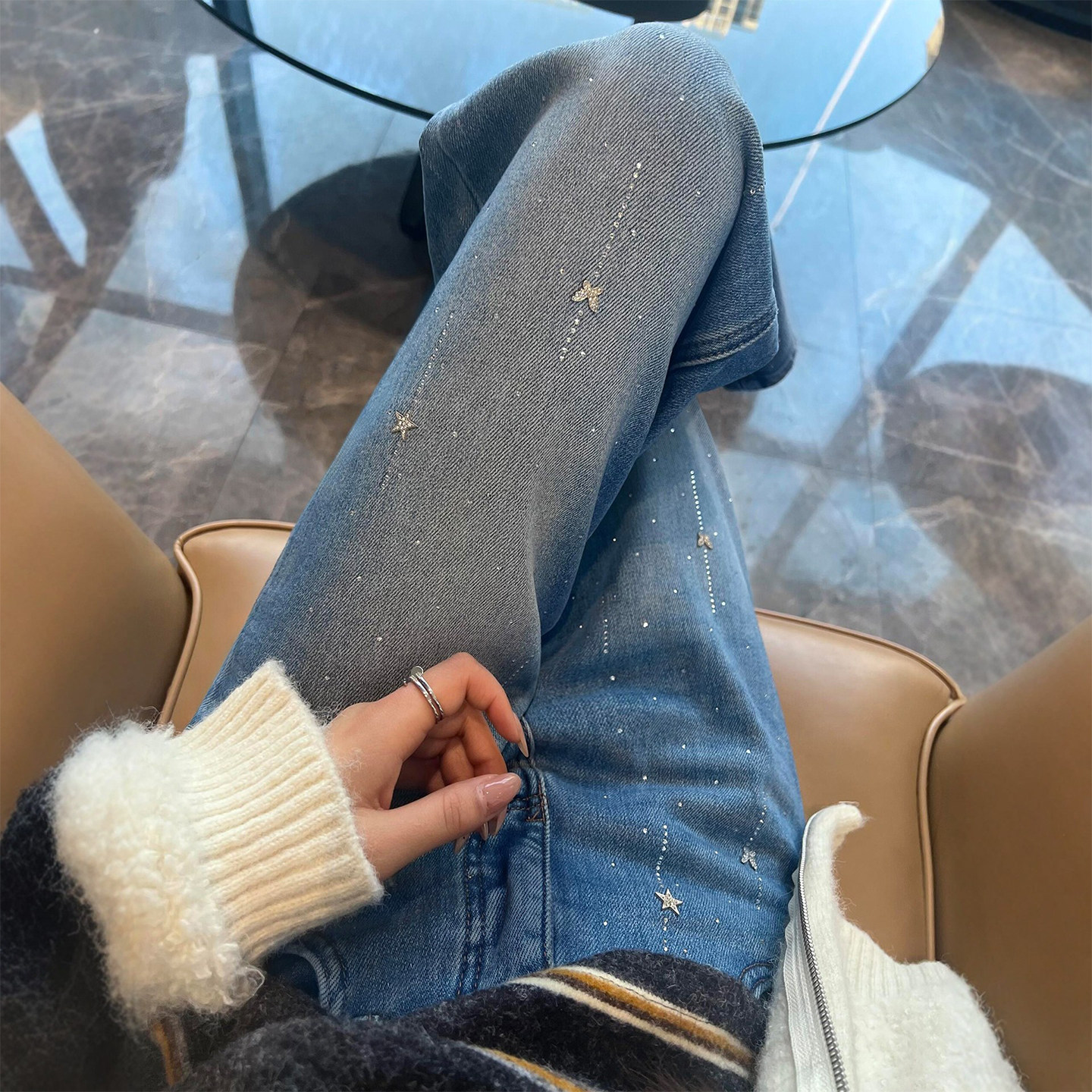 美式蝴蝶烫钻直筒牛仔裤女秋冬新款大码胖妹妹mm高腰宽松阔腿长裤,女装/女士精品,大码裤装,淘宝优惠券,粉丝福利购,淘宝优惠卷