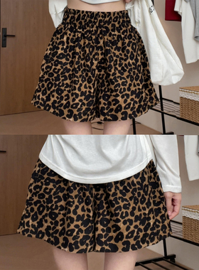 豹纹休闲短裤女夏薄款胖妹妹mm梨型身材高腰宽松显瘦阔腿五分中裤
