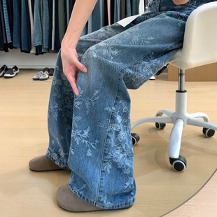 胖妹妹mm高腰宽松显瘦直筒阔腿裤 设计感提花刺绣牛仔裤 女秋冬新款