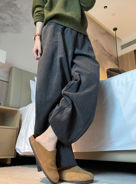 深灰色毛呢阔腿裤女秋冬加绒胖妹妹mm高腰遮胯显瘦梨型身材休闲裤