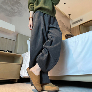 深灰色毛呢阔腿裤 女秋冬加绒胖妹妹mm高腰遮胯显瘦梨型身材休闲裤