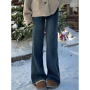 复古蓝阔腿牛仔裤女秋冬加绒胖妹妹mm梨型身材高腰宽松显瘦直筒裤