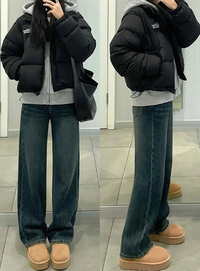 蓝灰色直筒牛仔裤女秋冬加绒胖妹妹mm梨型身材高腰宽松显瘦阔腿裤