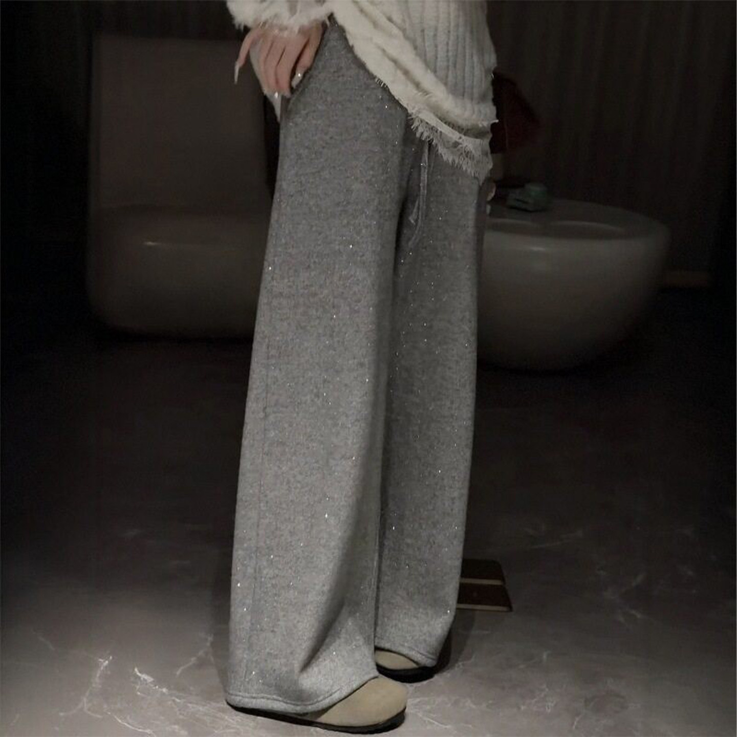 灰色闪钻加绒毛呢阔腿裤女冬季新款胖妹妹mm高腰宽松显瘦休闲裤子,女装/女士精品,大码裤装,淘宝优惠券,粉丝福利购,淘宝优惠卷