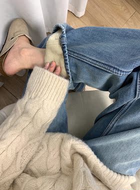 加绒加厚复古蓝直筒牛仔裤女秋冬季胖妹妹mm高腰宽松显瘦阔腿长裤