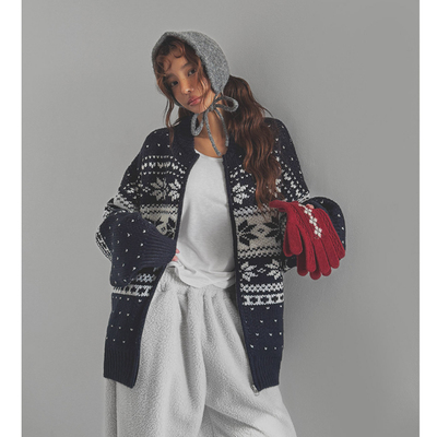 韩国宽松织花拉链圆领长针织外套