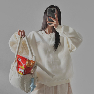 女装 通勤纯色宽松加绒V领长袖 LAG2025冬季 时尚 休闲卫衣 款 韩国正品