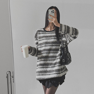 新款 LAG2025冬季 直筒条纹拼色圆领长袖 中长款 韩国正品 针织衫 女装