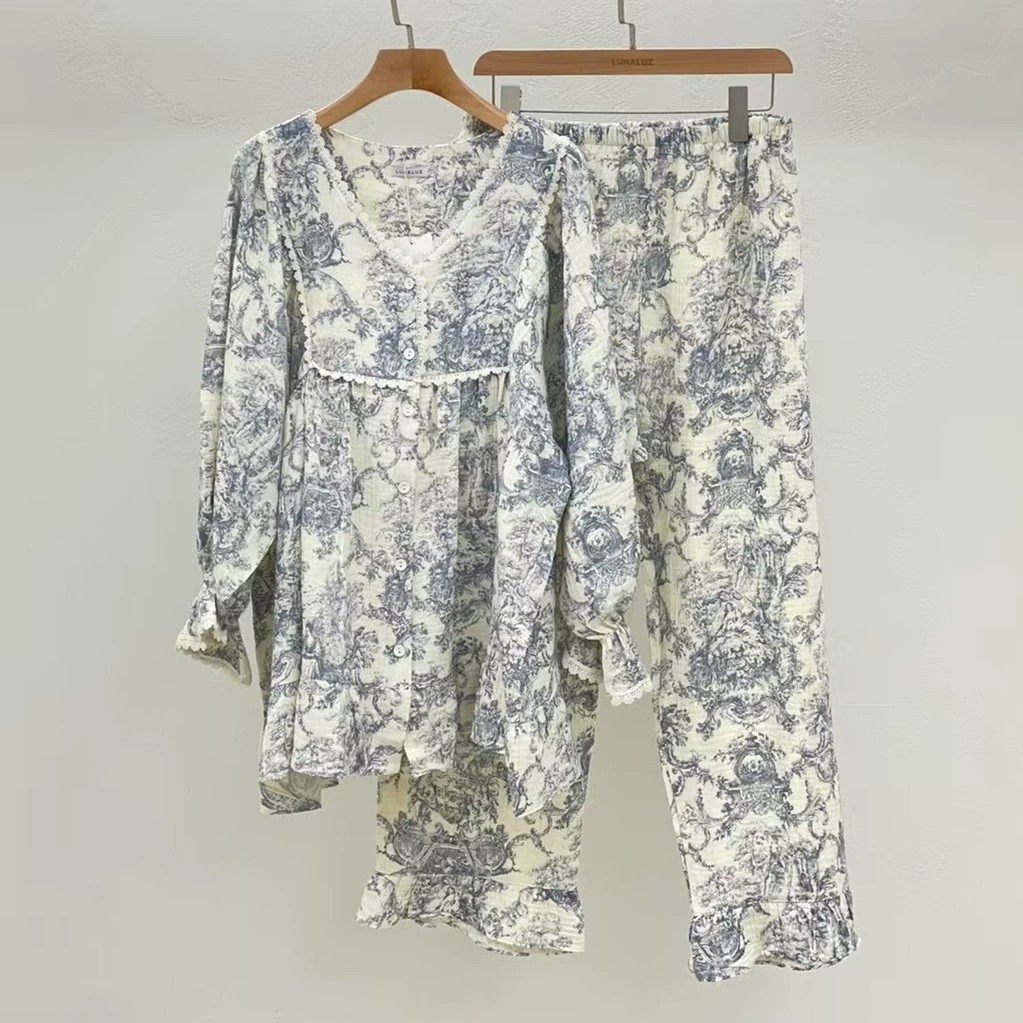 韩国代购2025春秋LUNALUZ纯棉文艺水墨印染V领长袖睡衣套装睡裙女,女士内衣/男士内衣/家居服,睡衣/家居服套装,淘宝优惠券,粉丝福利购,淘宝优惠卷