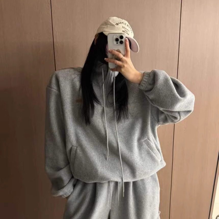 韩国正品女装2025冬季新款时尚通勤宽松纯色加绒高领长袖短款卫衣