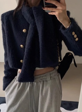 韩国代购女装2025冬款VERANDA加绒里温暖系扣围脖短款有型外套