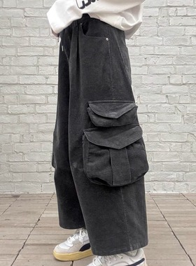 韩国代购女装2025冬款FRANC抽绳灯芯绒多口袋阔腿休闲裤