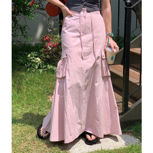 女装 新款 韩国正品 2025夏季 半身裙 时尚 气质纯色高腰A字大口袋长款