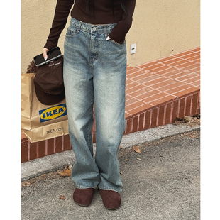 女装 通勤高腰水洗磨白直筒牛仔长裤 LAG2025冬季 时尚 新款 韩国正品