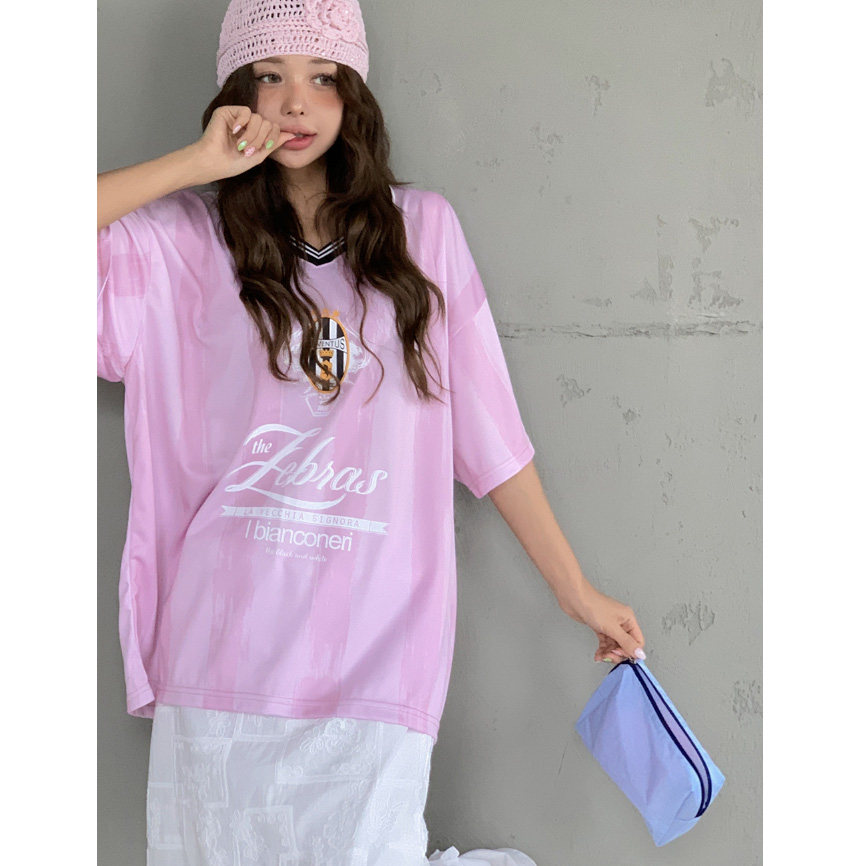 y-gee韩国代购女装2025清新帅气粉嫩运动风潮款短袖棒球风大T恤