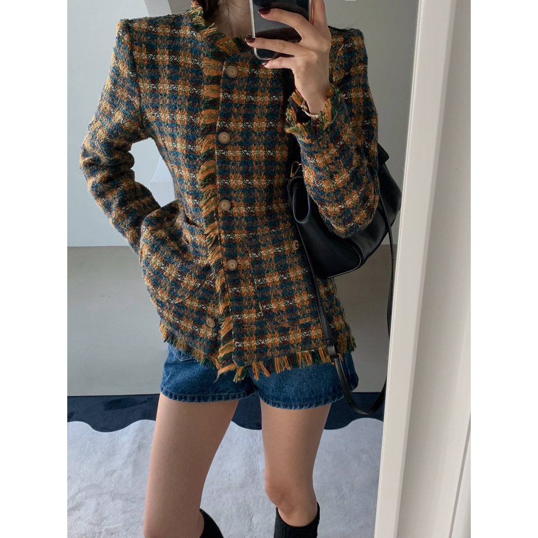 流苏边香风编织款直角肩西服外套