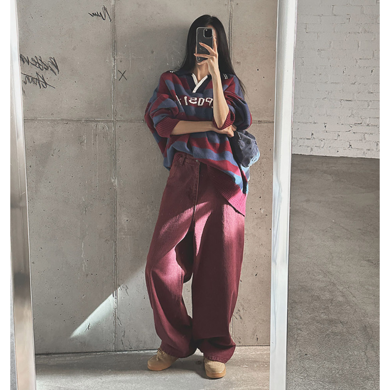 韩国纯色高腰宽松休闲牛仔长裤