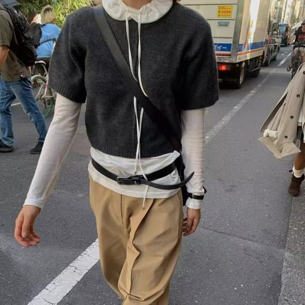 韩国代购女装2025秋款TEMPTING抽绳领口时尚纯色修身显瘦长袖T恤