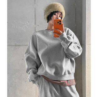 女装 宽松纯色加绒圆领长袖 LAG2025冬季 时尚 休闲卫衣 新款 韩国正品