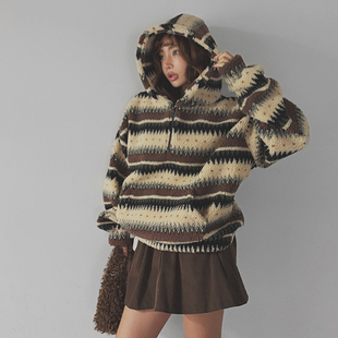 女装 宽松毛绒拼色连帽长袖 LAG2025冬季 时尚 休闲外套 新款 韩国正品