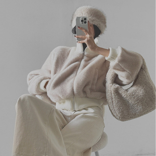 新款 LAG2025冬季 时尚 宽松拼接拼色毛绒长袖 外套 韩国正品 短款 女装