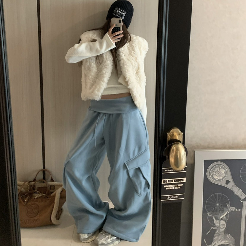 加绒高腰卷边工装风阔腿休闲裤