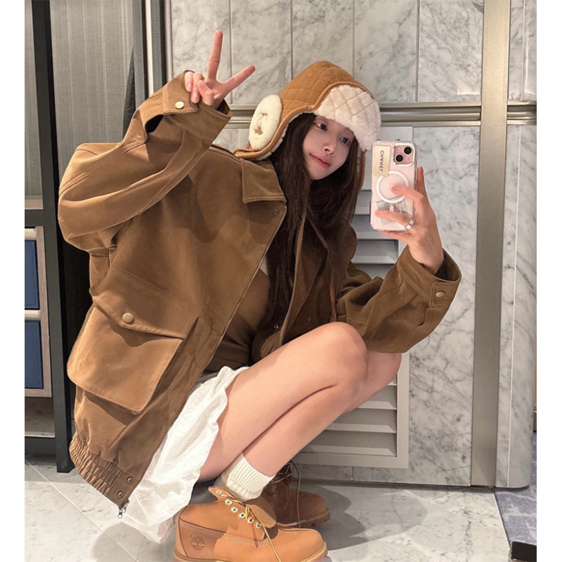 韩国纯色松紧边长袖翻领长袖外套