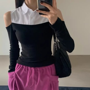 新款 时尚 修身 韩国正品 短款 2025冬季 拼接拼色翻领露肩长袖 T恤 女装