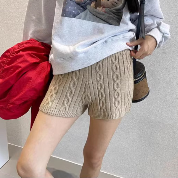 韩国代购女装G2025秋款气质麻花纹时尚修身显瘦针织潮流短裤