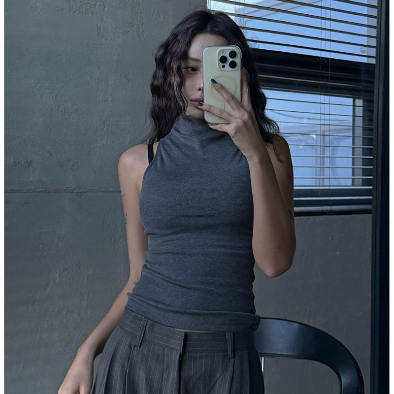 韩国修身纯色圆领百搭休闲短背心