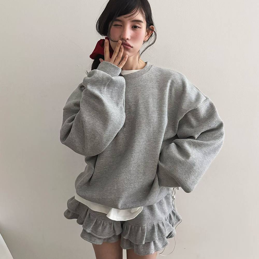 韩国代购女装2026早春青春纯色圆领宽松潮款卫衣+荷叶边短裤套装,女装/女士精品,时尚套装,淘宝优惠券,粉丝福利购,淘宝优惠卷