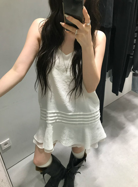 韩国代购女装2026早春NUESE迷人拼接层叠仙气吊带V领连衣裙短裙